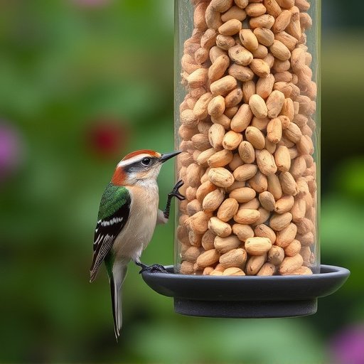 Garden bird pecking at hanging peanut feeder