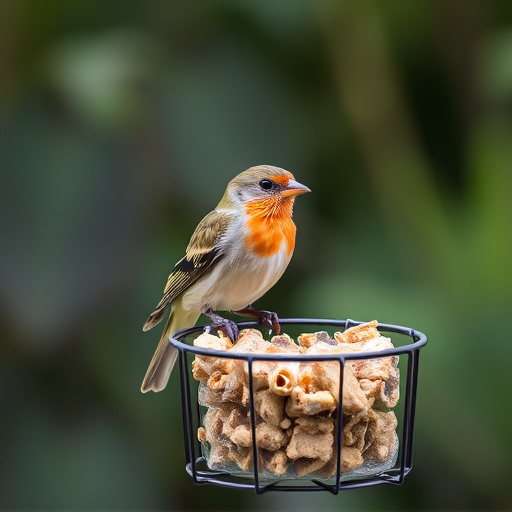Garden bird perched on caged feeder