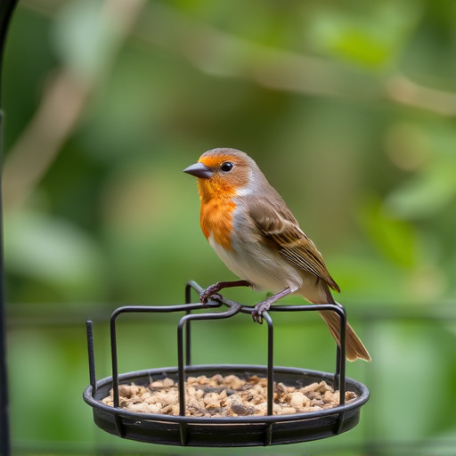 Garden bird perched on caged feeder