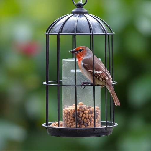 Garden bird perched on caged feeder