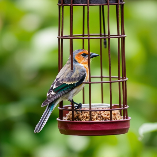 Garden bird perched on caged feeder