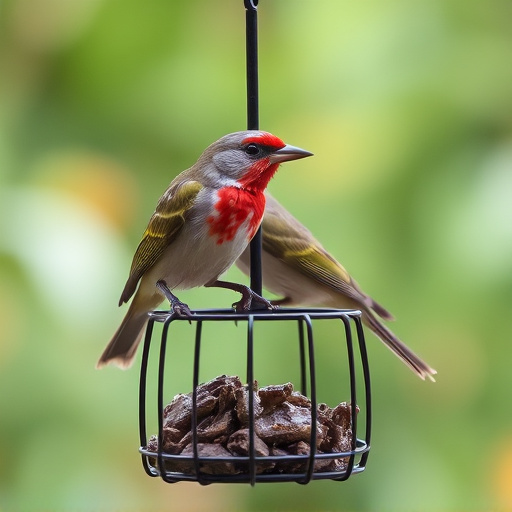 Garden bird perched on caged feeder