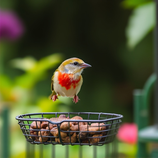 Garden bird perched on caged feeder