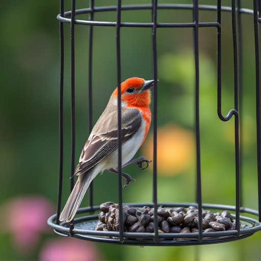 Garden bird perched on caged feeder