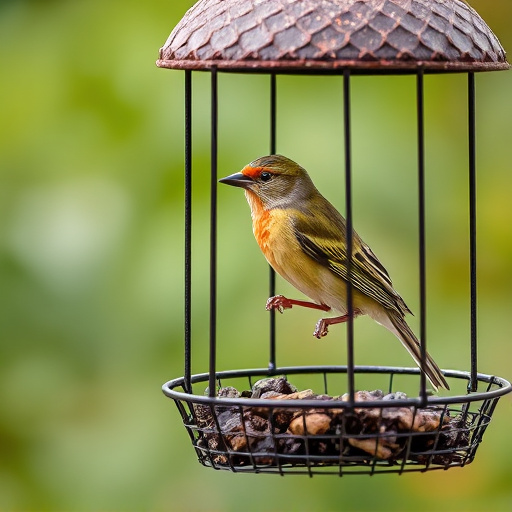 Garden bird perched on caged feeder