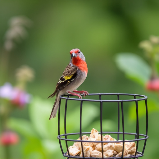 Garden bird perched on caged feeder