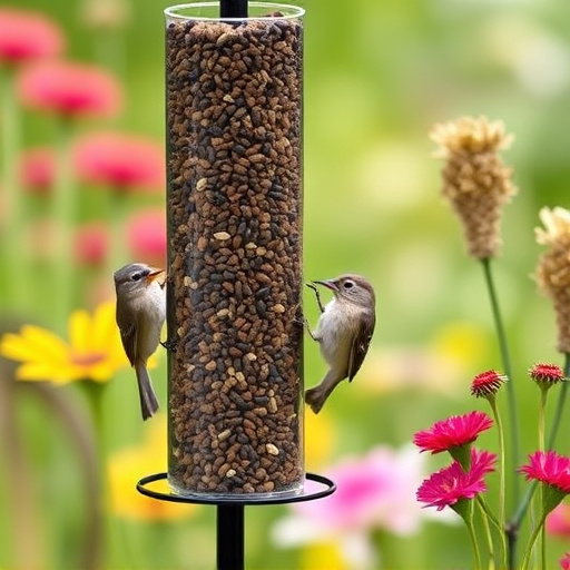 Garden birds at squirrel-resistant seed tube