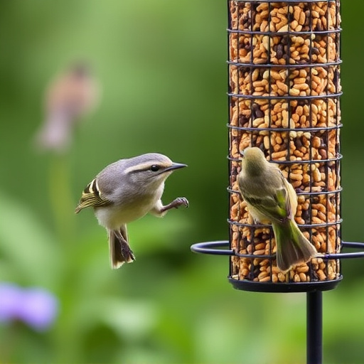 Garden birds at squirrel-resistant seed tube