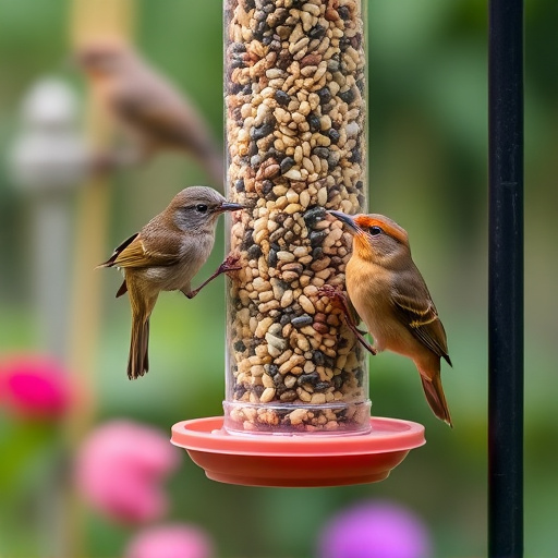 Garden birds at squirrel-resistant seed tube