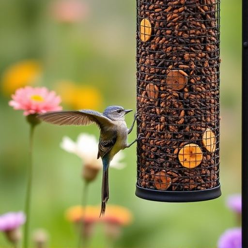 Garden birds at squirrel-resistant seed tube