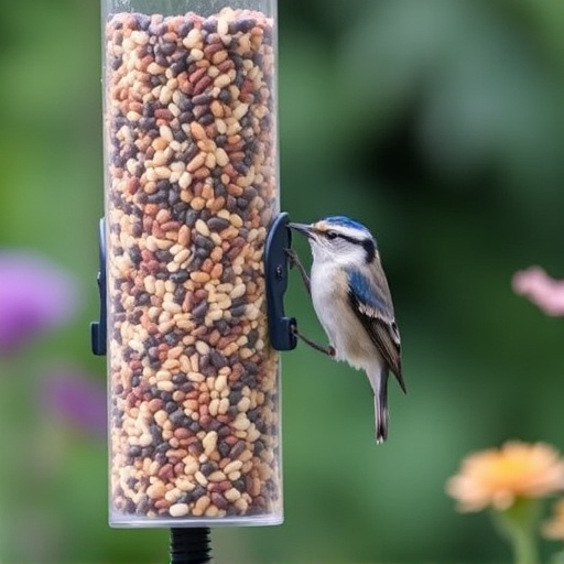 Garden birds at squirrel-resistant seed tube