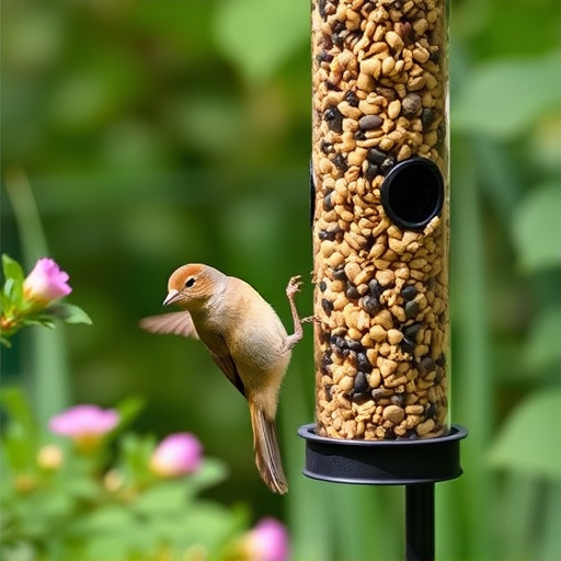 Garden birds at squirrel-resistant seed tube