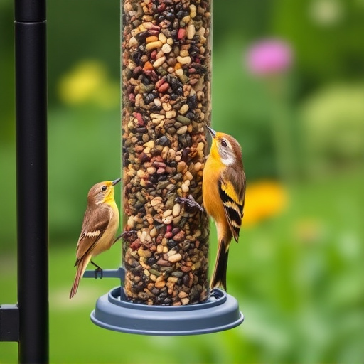 Garden birds at squirrel-resistant seed tube