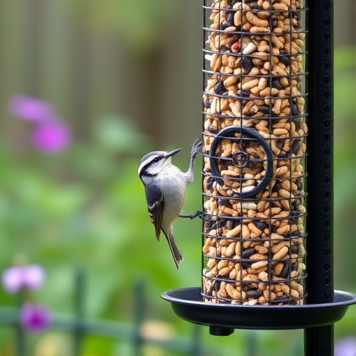 Garden birds at squirrel-resistant seed tube
