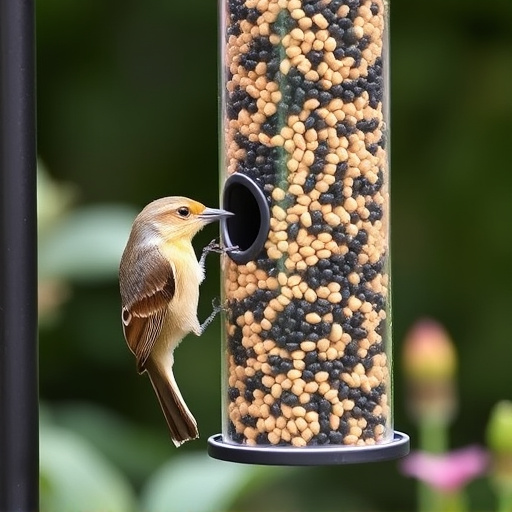 Garden birds at squirrel-resistant seed tube
