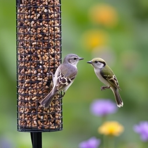 Garden birds at squirrel-resistant seed tube