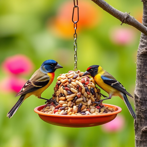 Garden birds eating mixed seed blend