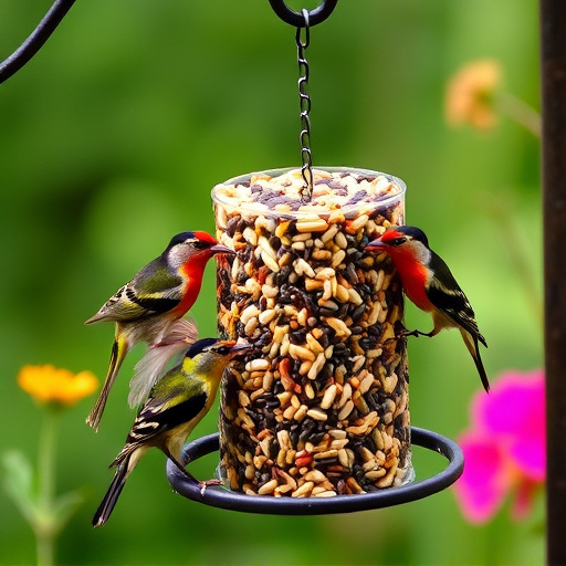Garden birds eating mixed seed blend