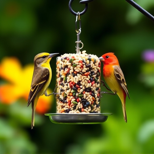 Garden birds eating premium seed mix