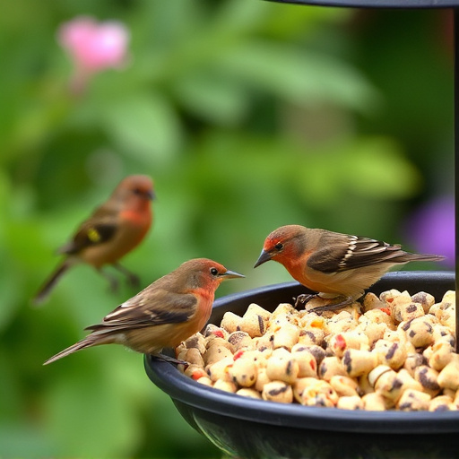 Garden birds enjoying suet pellets