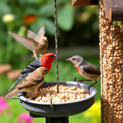 Garden birds enjoying suet pellets