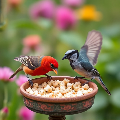 Garden birds enjoying suet pellets