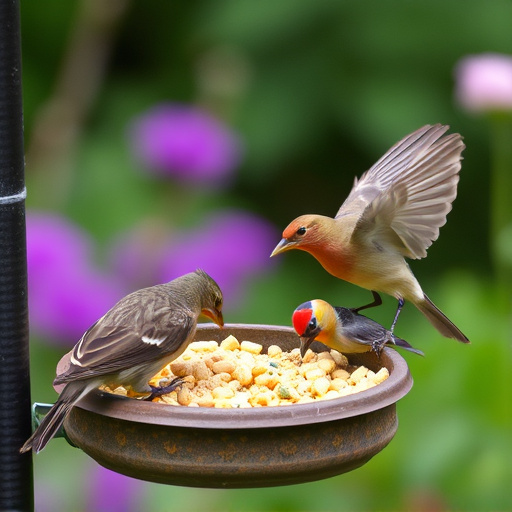 Garden birds enjoying suet pellets
