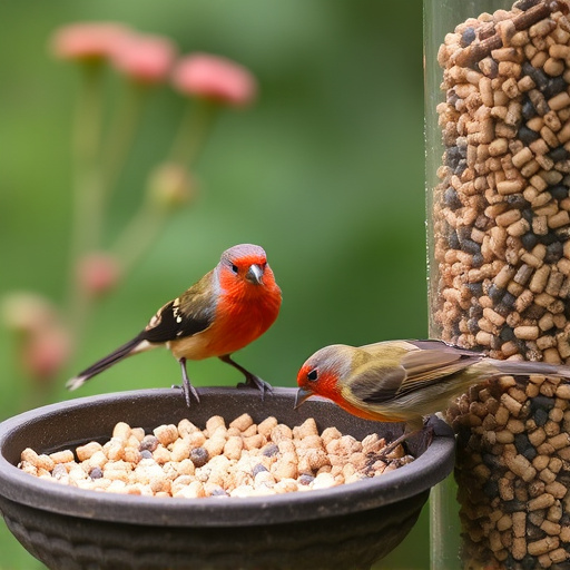 Garden birds enjoying suet pellets
