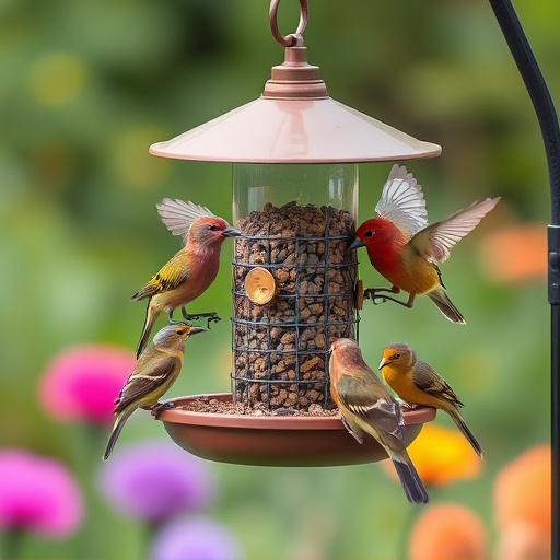 Garden birds feeding at feeder station