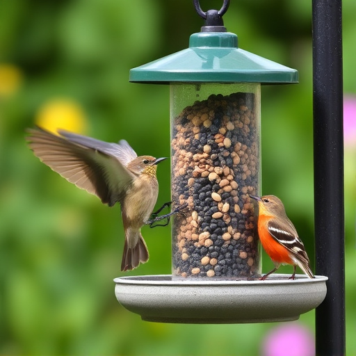 Garden birds feeding at feeder station
