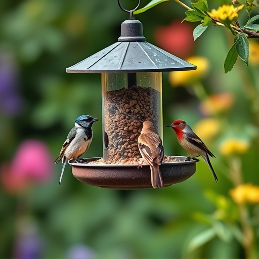 Garden birds feeding at feeder station
