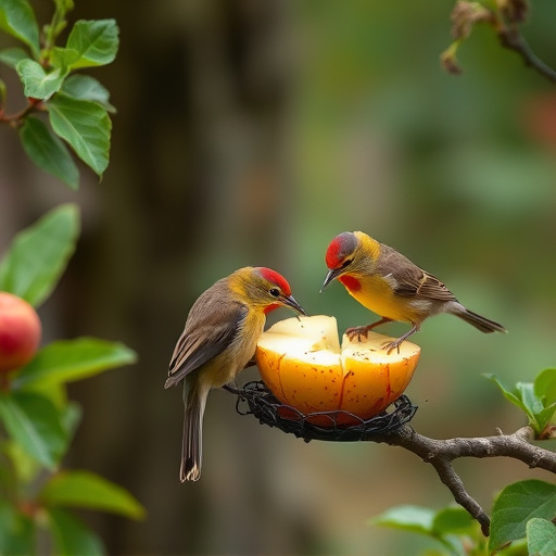 Garden birds feeding on chopped apple