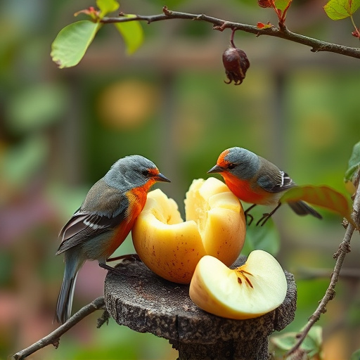 Garden birds feeding on chopped apple