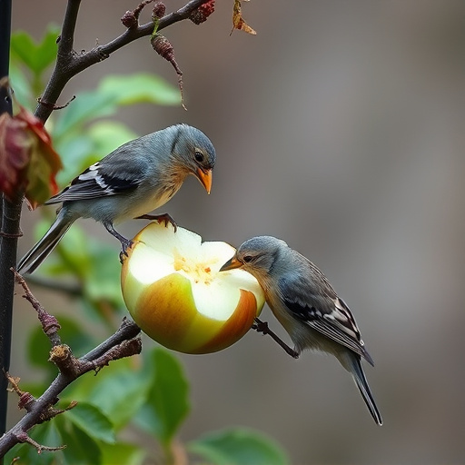 Garden birds feeding on chopped apple