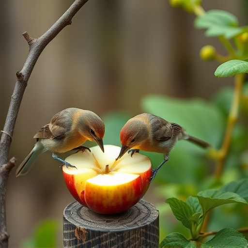 Garden birds feeding on chopped apple