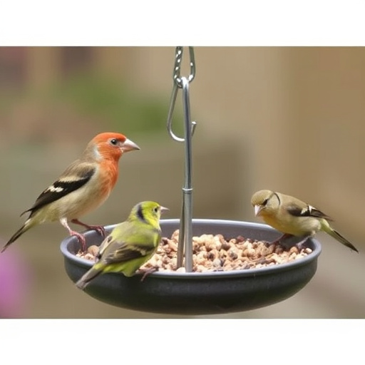 Garden birds feeding on seed tray
