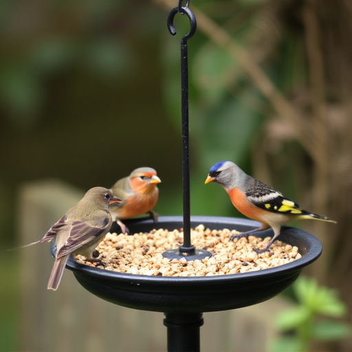 Garden birds feeding on seed tray
