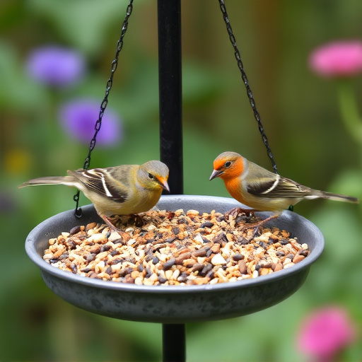 Garden birds feeding on seed tray