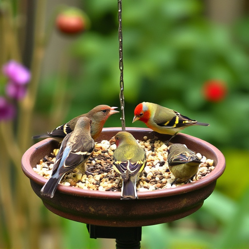 Garden birds feeding on seed tray