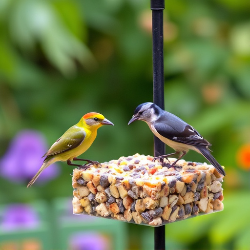Garden birds feeding on suet cubes