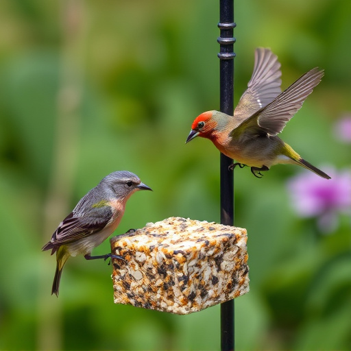 Garden birds feeding on suet cubes