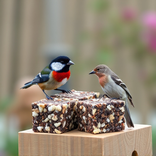 Garden birds feeding on suet cubes
