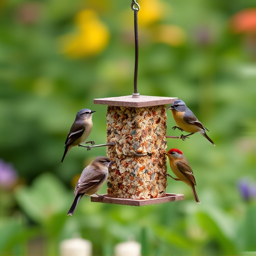 Garden birds feeding on suet cubes