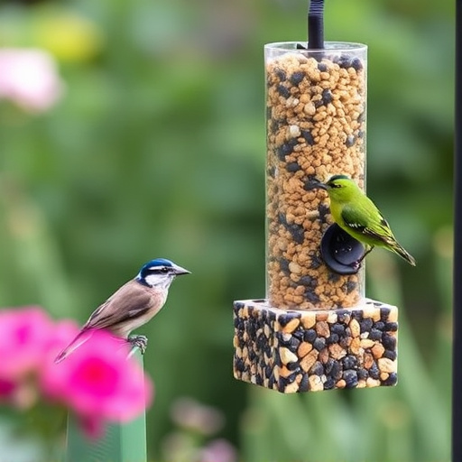 Garden birds feeding on suet cubes