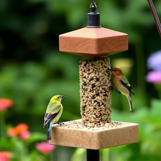 Garden birds feeding on suet cubes