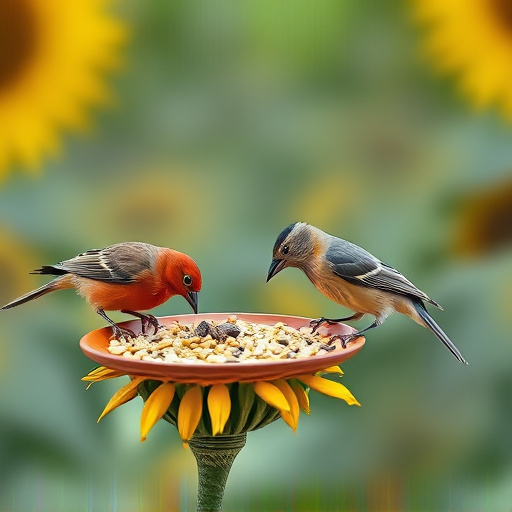Garden birds feeding on sunflower seeds