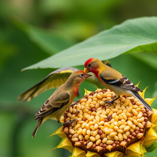 Garden birds feeding on sunflower seeds