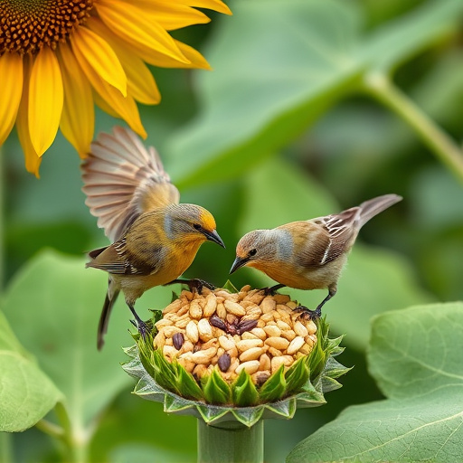 Garden birds feeding on sunflower seeds
