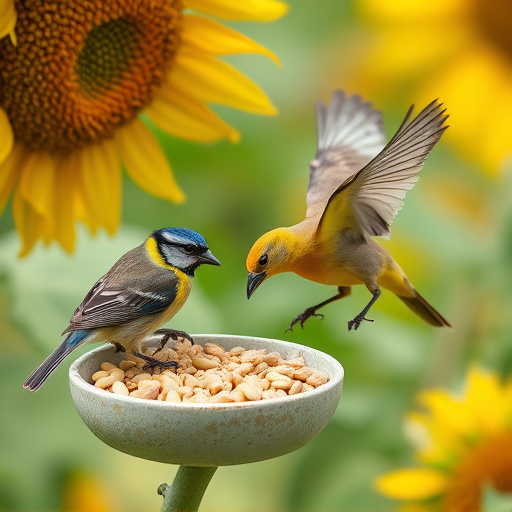 Garden birds feeding on sunflower seeds