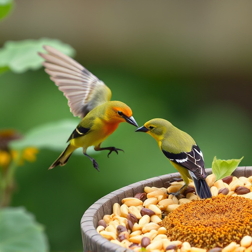 Garden birds feeding on sunflower seeds